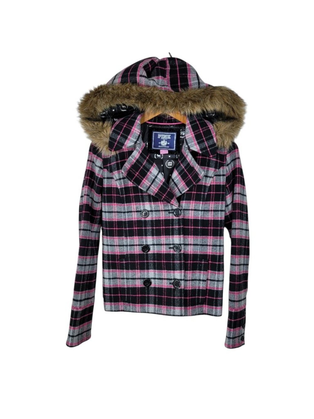 PINK Victoria Secret Plaid Jacket XS Faux Fur Hood Wool Peacoat Coat Vtg Y2K